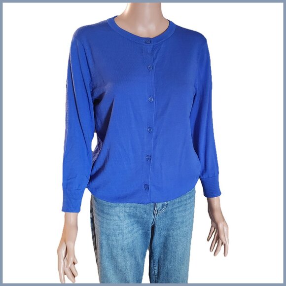 Caslon Crew neck Button Up Cardigan Blue Med- Hole in sleeve - Picture 1 of 10